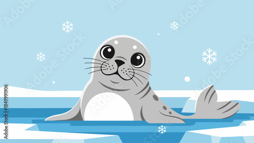 Charming seal illustration floating on its back in a light blue body of water with a snowy winter landscape