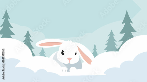 White rabbit with pink details peeking out from snow in a winter landscape