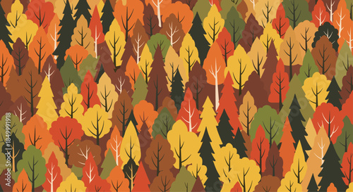 Seamless pattern of a dense autumn forest with colorful trees in warm shades of orange yellow red and brown background.