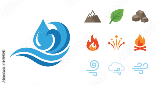 Flat lay of various weather and element icons on a clean white background with a graphic design style.
