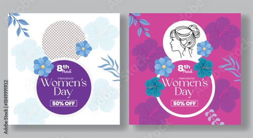 Women's Day sale promotion social media and Instagram posts ads, banner template for marketing advertising with feminine floral illustrations and 8 March square flyer poster template design