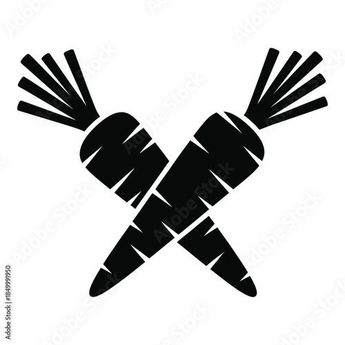 Crossed black carrots with green tops on white background