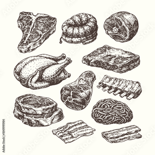 Vintage hand drawn meat cut illustration set in black and white engraving style, detailed butcher shop beef and pork vector collection for food labeling and culinary design