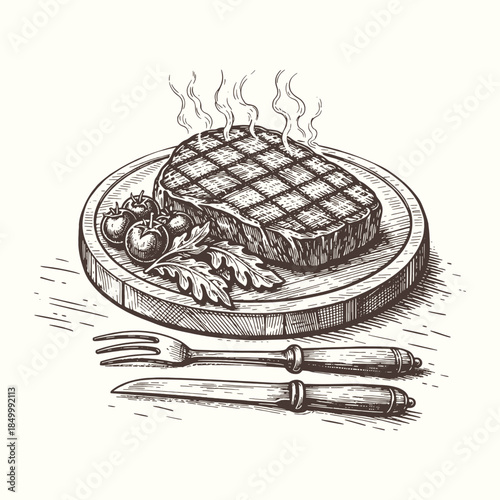 Vintage hand drawn grilled steak illustration in black and white engraving style, rustic meat dish vector artwork for restaurant menu, food branding, and culinary editorial use