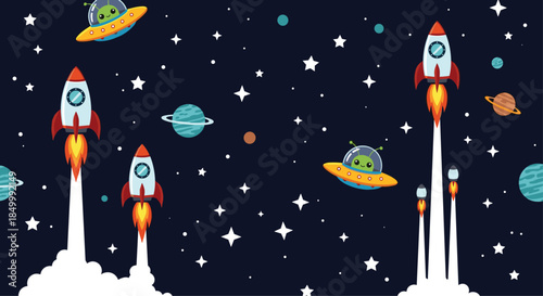 Seamless outer space pattern for kids with cartoon rockets cute green aliens in UFOs planets and stars in the galaxy.