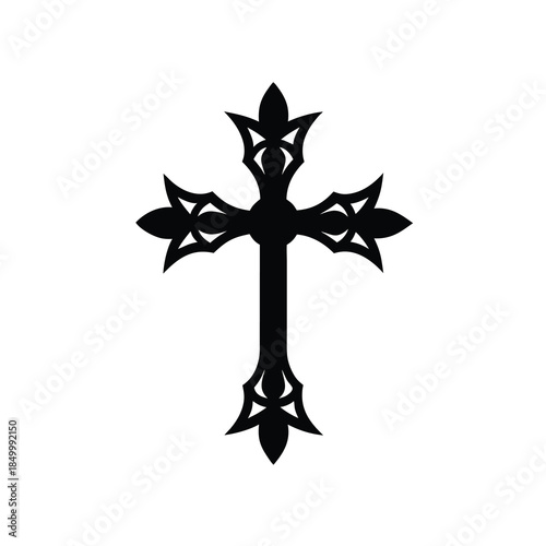 Black silhouette ornate christian cross with decorative flourishes isolated on white background