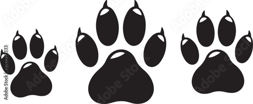 Three black paw prints of varying sizes Keywords: paw print, dog paw, cat paw, animal track