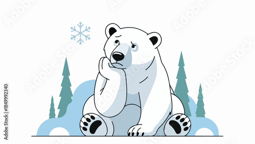 Illustration of a polar bear in a meditative pose in a wintry landscape