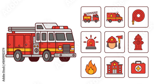 Flat lay illustration of a fire truck with various firefighting icons on a white background with a bold color scheme.