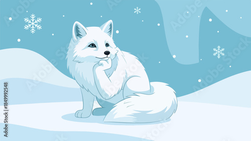 White fox with fluffy fur sitting in a snowy landscape