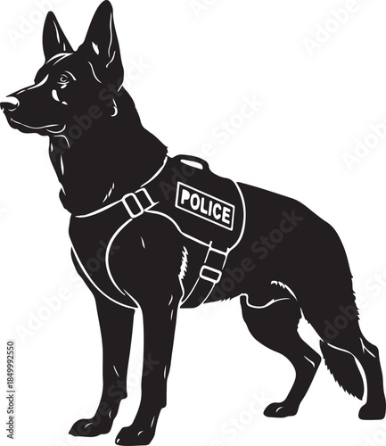 Silhouette of police dog wearing a vest Keywords: police dog, german shepherd, k9, dog