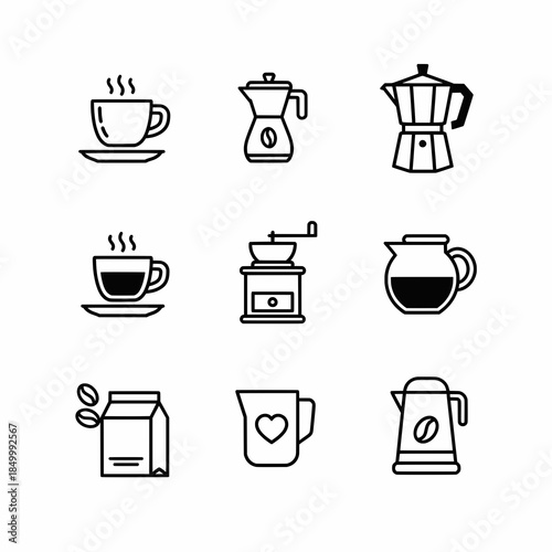 Coffee and Cafe icon sheet black and white isolated background, bean, cup, french press, pot, mug