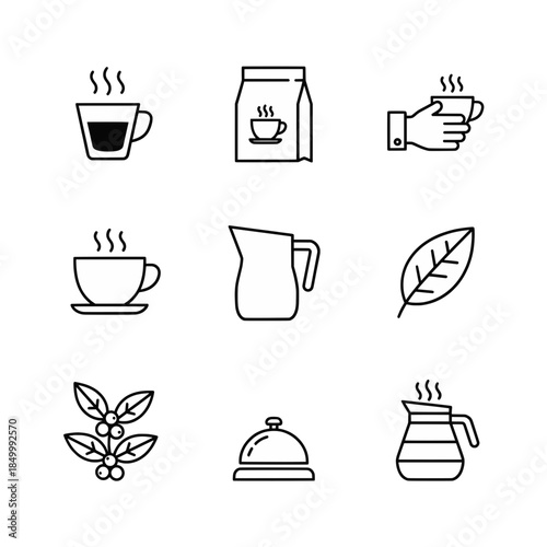 Coffee and Cafe icon sheet black and white isolated background, bean, cup, french press, pot, mug