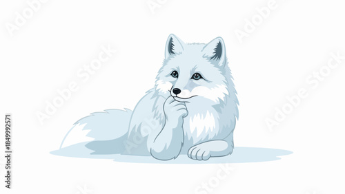 White fox illustration with blue eyes and black nose lying down on a light blue background