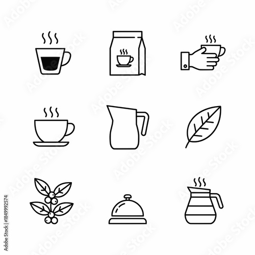 Coffee and Cafe icon sheet black and white isolated background, bean, cup, french press, pot, mug
