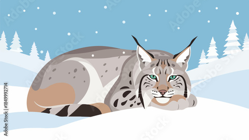 Lynx resting in a snowy winter landscape with blue eyes and spotted fur