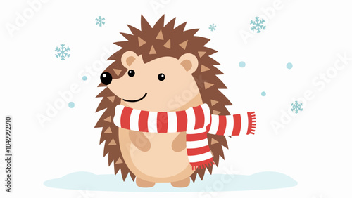 Charming illustrated hedgehog wearing a red and white striped scarf standing upright on hind legs against a light blue background with snowflakes
