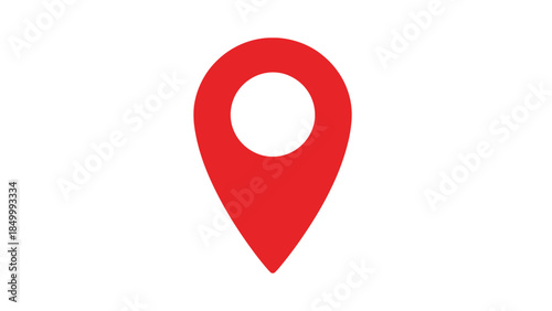 A simple, bold red map marker icon is displayed against a stark white background, symbolizing location or a point of interest.