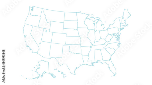 A simple, light blue outline map of the United States, including Alaska and Hawaii, is presented on a white background.