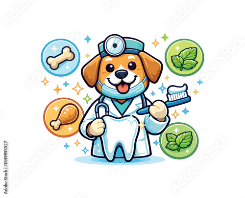 single full color dog dentist icon flat vector illustration three dog toothpaste flavors bone chicken and mint around tooth