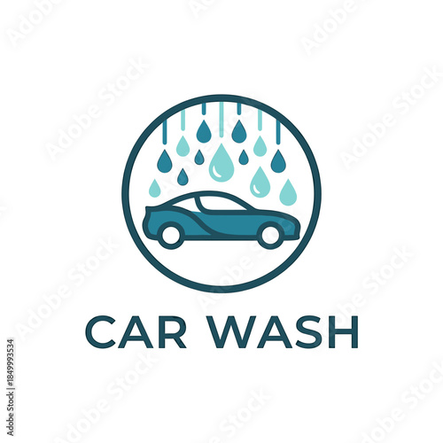 A simple graphic illustration of a blue car with raindrops in a circle on a white background with the words 'CAR WASH' below.