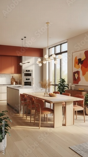 Bright Modern Kitchen and Dining Area with Artwork.