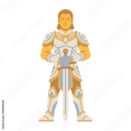 Illustration of a medieval knight in white and gold armor standing with a sword against a clean white background.