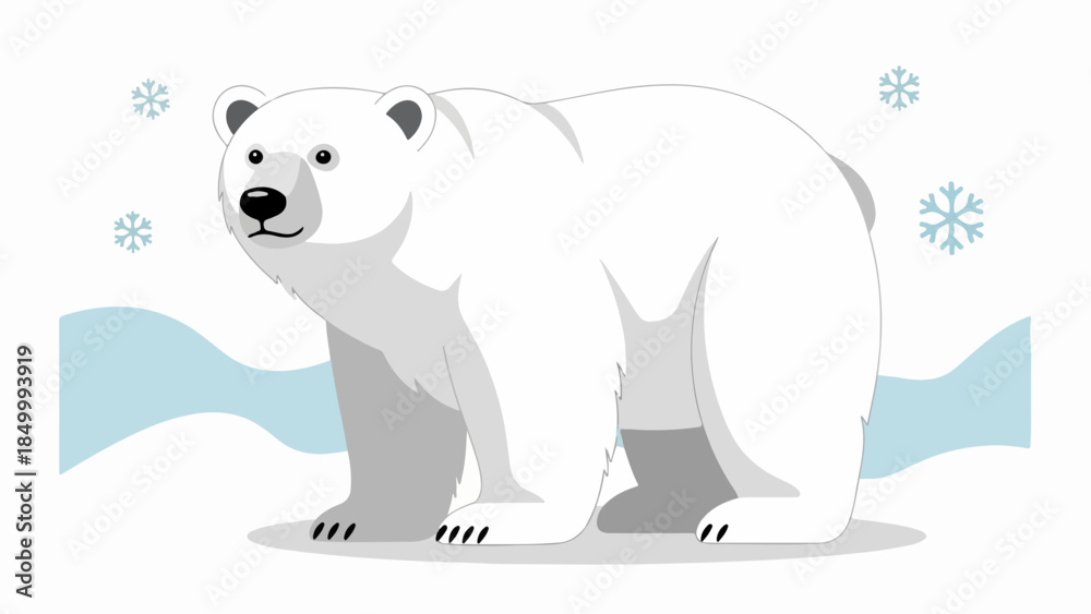 Fototapeta premium Illustration of a polar bear in a winter scene with snowflakes and a frozen water surface
