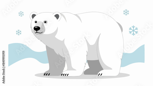 Illustration of a polar bear in a winter scene with snowflakes and a frozen water surface