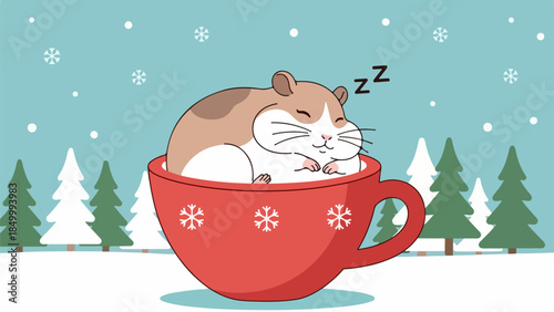Brown and white hamster sleeping in a red mug with snowflake patterns against a snowy forest backdrop
