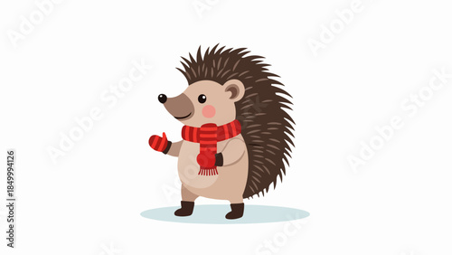 Friendly hedgehog with red scarf and mittens standing on a light blue circular base