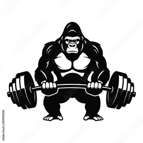 Muscular gorilla lifting heavy weights with intense expression