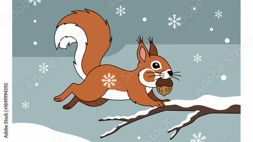 Lively squirrel running on a snow-covered branch with a nut in its paws