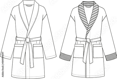 Technical flat sketch vector illustration of a comfortable unisex bathrobe, featuring a shawl collar, waist belt, and patch pockets for luxurious loungewear or spa apparel design