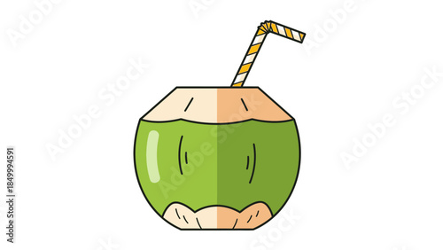 A refreshing green coconut drink with a striped straw, ready to be enjoyed on a hot day.