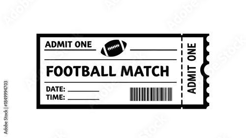 Football Match Admit One Ticket Icon with Barcode on Isolated White Background