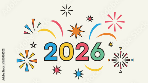 Happy New Year 2026 Celebration with Colorful Fireworks and Stars on Bright Studio Background
