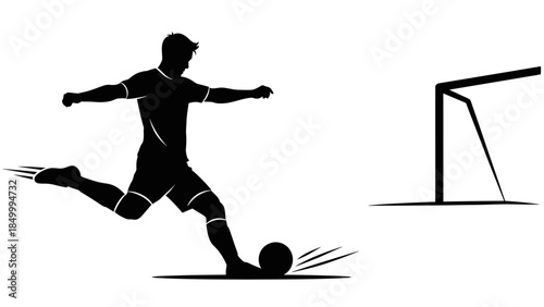 Dynamic Silhouette of a Soccer Player Kicking a Ball Towards the Goal, Isolated White Background