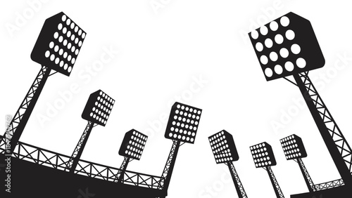 Row of Stadium Spotlights Casting Strong Light, Isolated White Background Silhouette