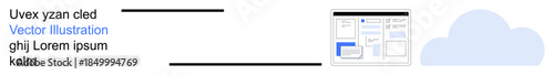 Data transfer, cloud computing, web design, technology integration, internet usage, file sharing. A browser interface alongside a text block and cloud icon. Data transfer and cloud computing
