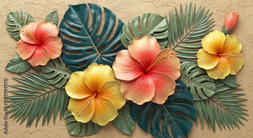 3D bas-relief wall art of orange hibiscus and tropical monstera leaves 3D Wall Mural. floral landscapes. 3d floral art, floral wallpaper, Luxurious textile tile wall art