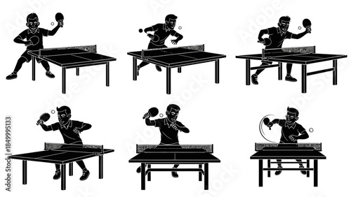 Set of six vector illustrations showing male table tennis players in action, serving, hitting, and returning shots during a game of ping-pong on a white background
