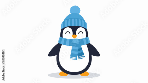 Playful illustration of a penguin wearing a blue knit hat and scarf with orange feet