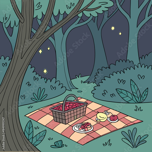 night forest picnic with basket of fruit and food on checkered blanket vector illustration