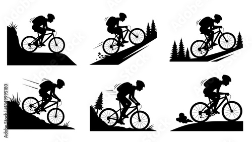Collection of six black and white vector illustrations depicting mountain bikers riding downhill and uphill through various challenging terrains with trees and obstacles