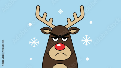 Playful cartoon illustration of a reindeer with a red nose and antlers against a light blue background