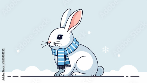 White rabbit with blue scarf standing in a snowy winter landscape