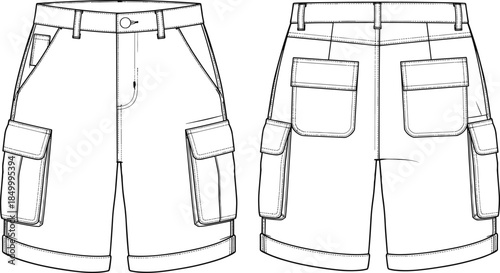 Technical flat sketch vector illustration of unisex cargo shorts, featuring deep side flap pockets, belt loops, button closure, and cuffed hem for apparel template design.