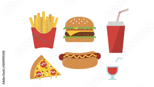 A collection of popular fast food items including a burger, hot dog, pizza, fries, and drinks.