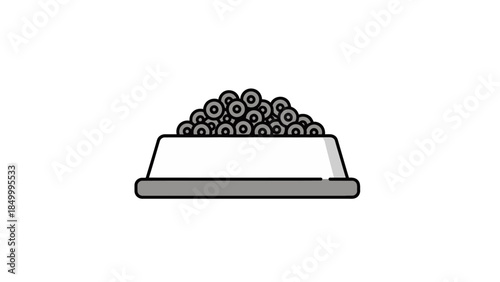 Simple flat design illustration of a grey pet food bowl filled with dark kibble on a white background.